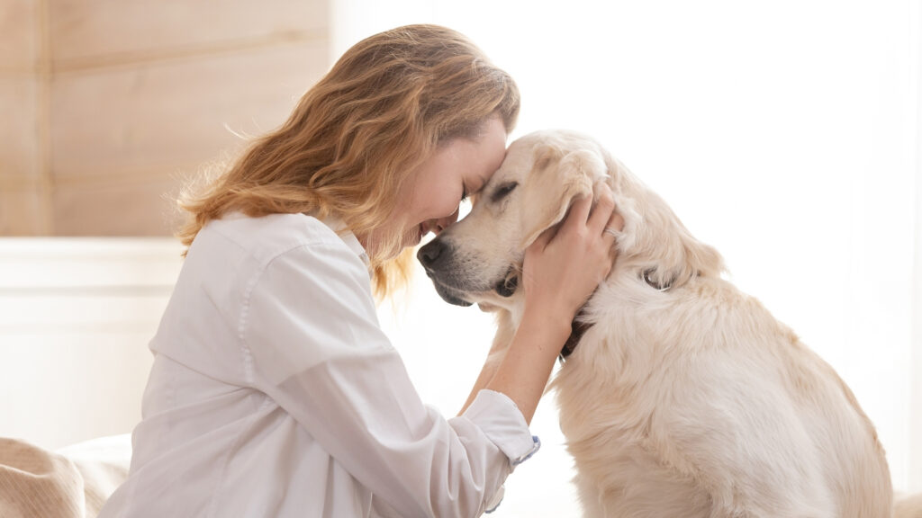 Un câlin entre une femme et son chien